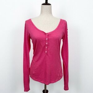 Abercrombie & Fitch Top Womens M Pink Henley Long Sleeve Moose Logo Preppy Y2K